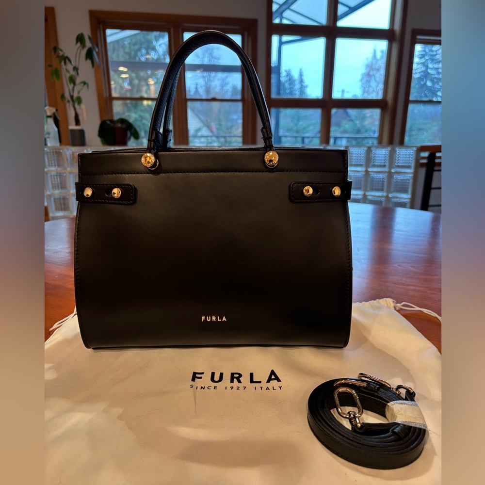 Furla Lady M Tote Black W/ Ballerina Pink Sides.